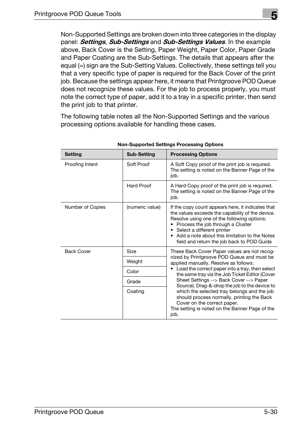 Settings, Sub-settings, Sub-settings values | Konica Minolta Printgroove User Manual | Page 101 / 195