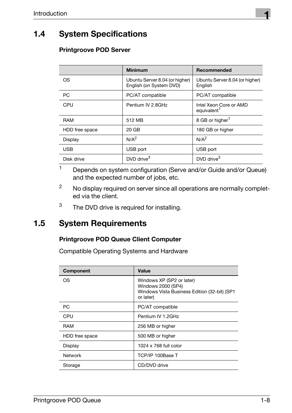 4 system specifications, 5 system requirements, System specifications -8 | System requirements -8, Introduction, Printgroove pod queue 1-8, Printgroove pod server, The dvd drive is required for installing | Konica Minolta Printgroove User Manual | Page 13 / 195