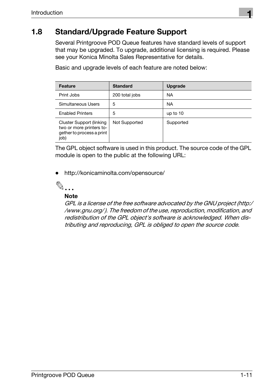 8 standard/upgrade feature support, Standard/upgrade feature support -11 | Konica Minolta Printgroove User Manual | Page 16 / 195