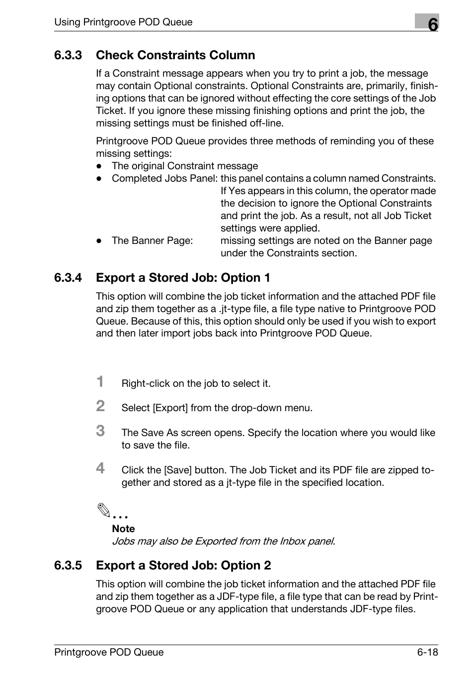 Check constraints column -18, Export a stored job: option 1 -18, Export a stored job: option 2 -18 | Konica Minolta Printgroove User Manual | Page 184 / 195