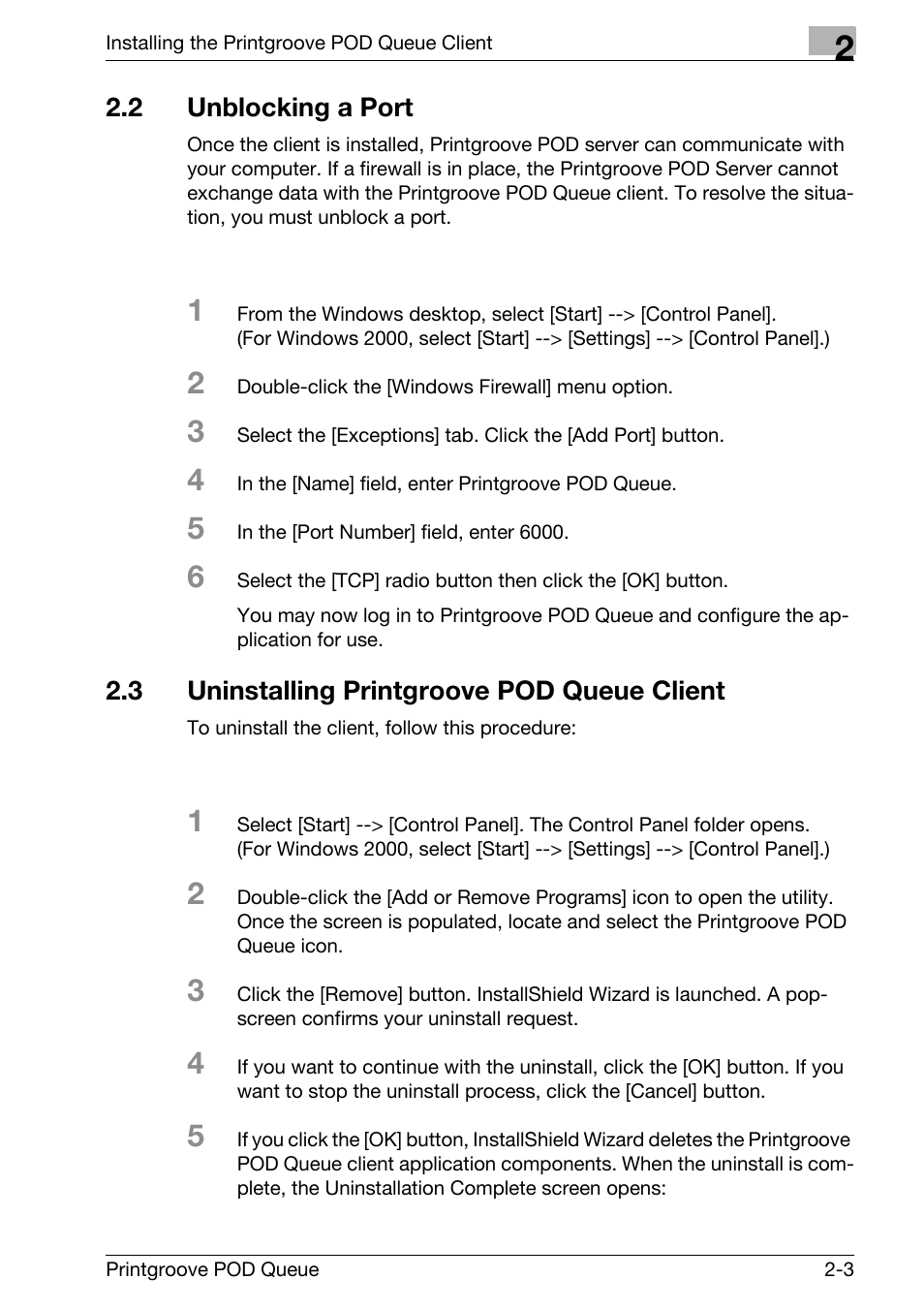 2 unblocking a port, 3 uninstalling printgroove pod queue client, Unblocking a port -3 | Uninstalling printgroove pod queue client -3 | Konica Minolta Printgroove User Manual | Page 20 / 195