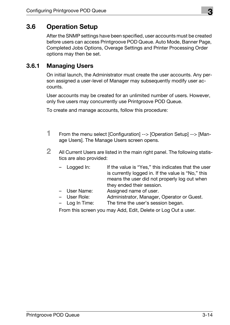 6 operation setup, Operation setup -14, Managing users -14 | Konica Minolta Printgroove User Manual | Page 35 / 195