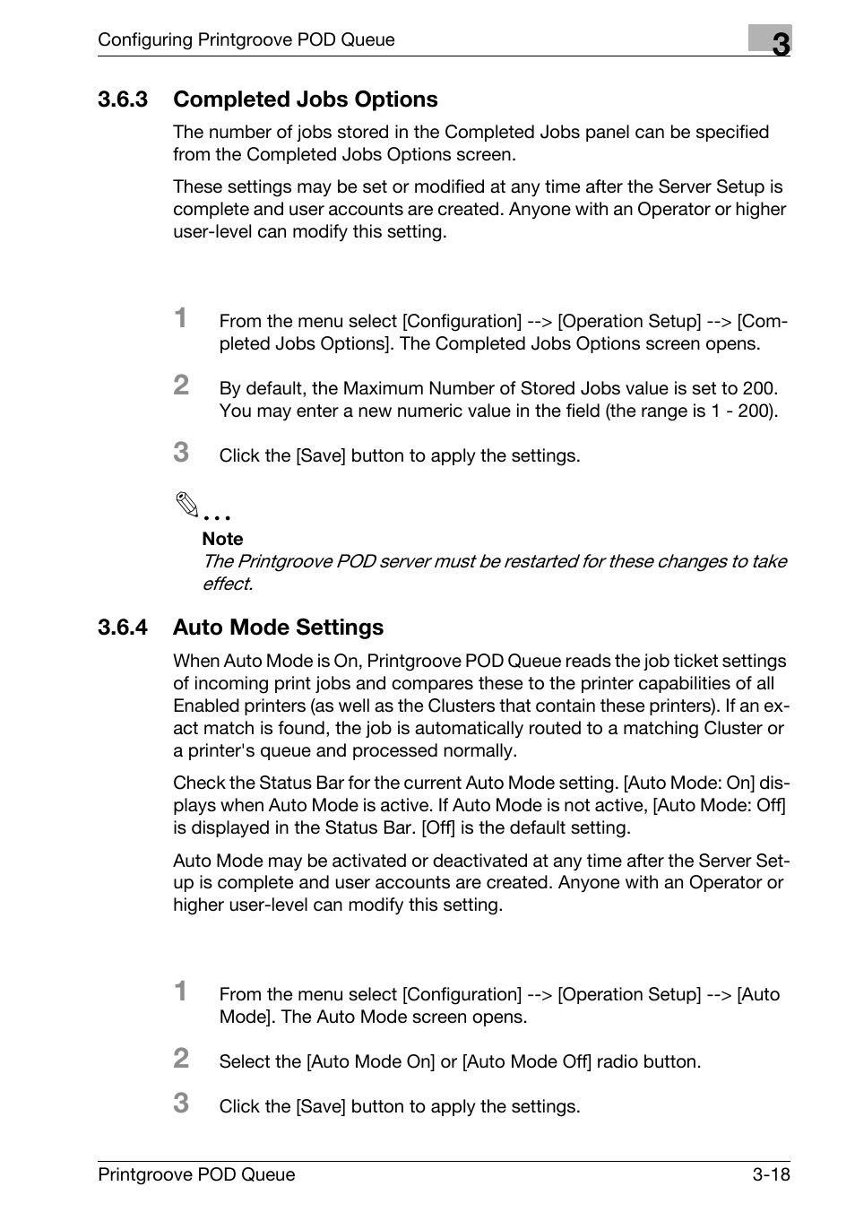 Completed jobs options -18, Auto mode settings -18 | Konica Minolta Printgroove User Manual | Page 39 / 195