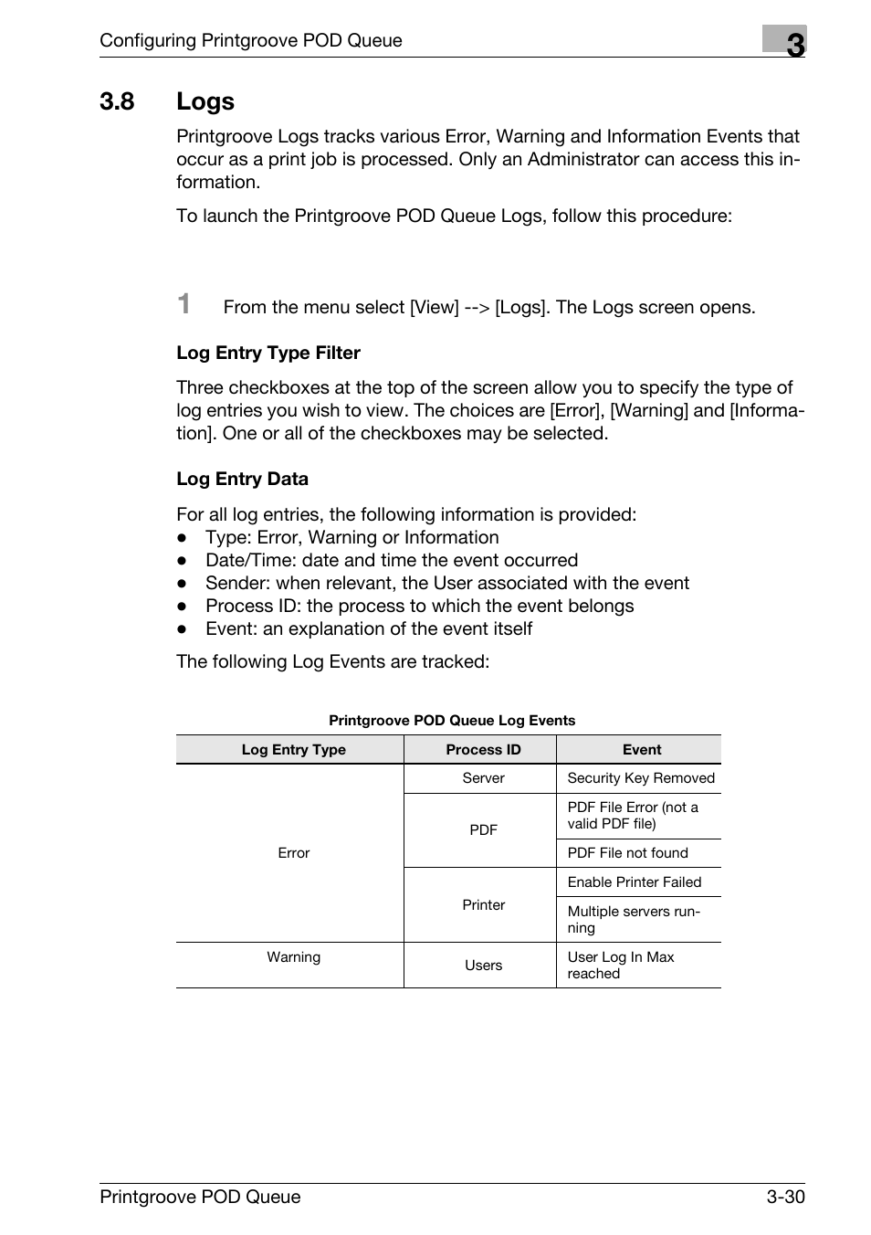 8 logs, Logs -30 | Konica Minolta Printgroove User Manual | Page 51 / 195
