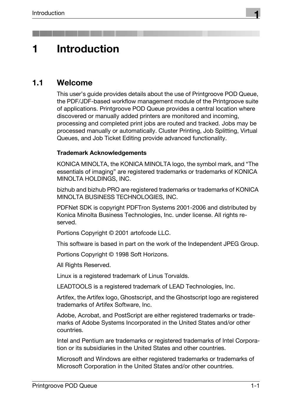 1 introduction, 1 welcome, Introduction | Welcome -1, 1introduction | Konica Minolta Printgroove User Manual | Page 6 / 195