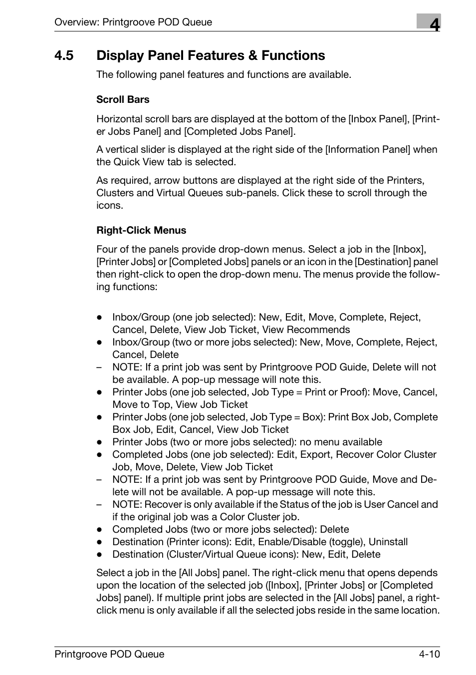 5 display panel features & functions, Display panel features & functions -10 | Konica Minolta Printgroove User Manual | Page 65 / 195