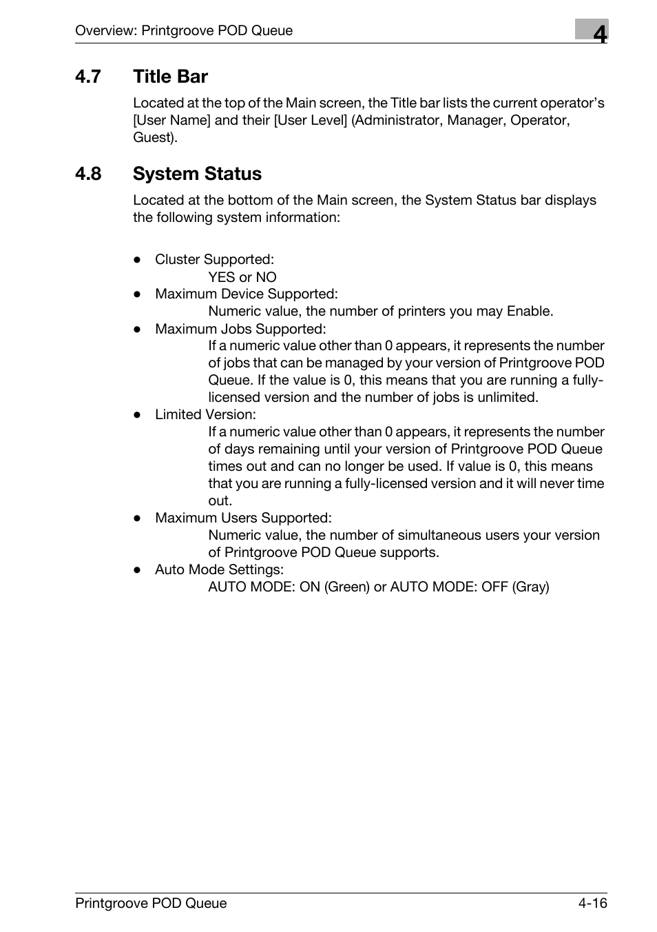 7 title bar, 8 system status, Title bar -16 | System status -16 | Konica Minolta Printgroove User Manual | Page 71 / 195