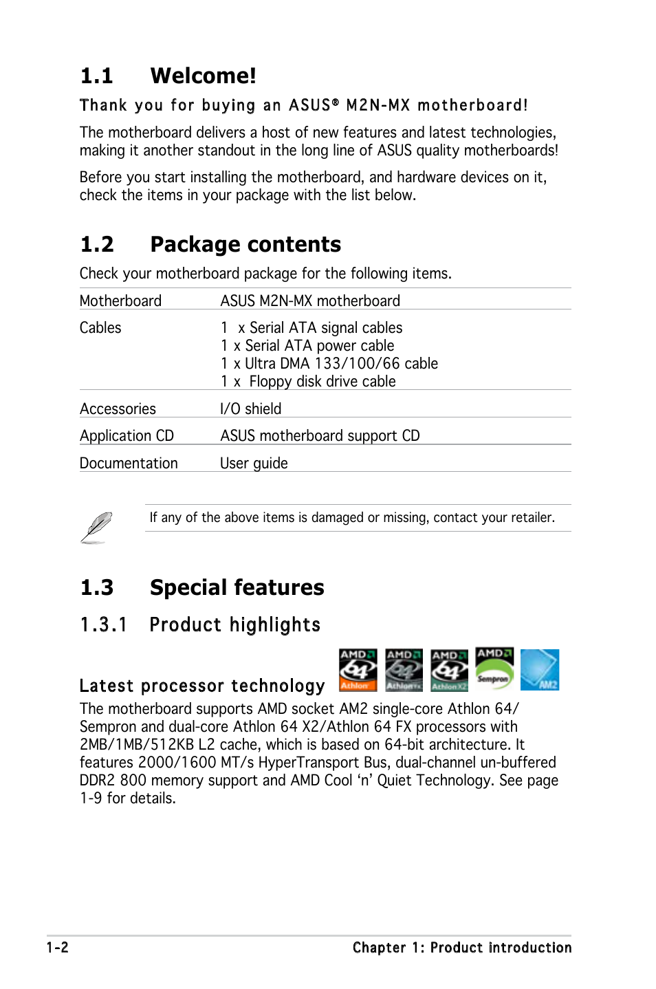 1 welcome, 2 package contents, 3 special features | 1 product highlights | Asus M2N-MX User Manual | Page 12 / 86