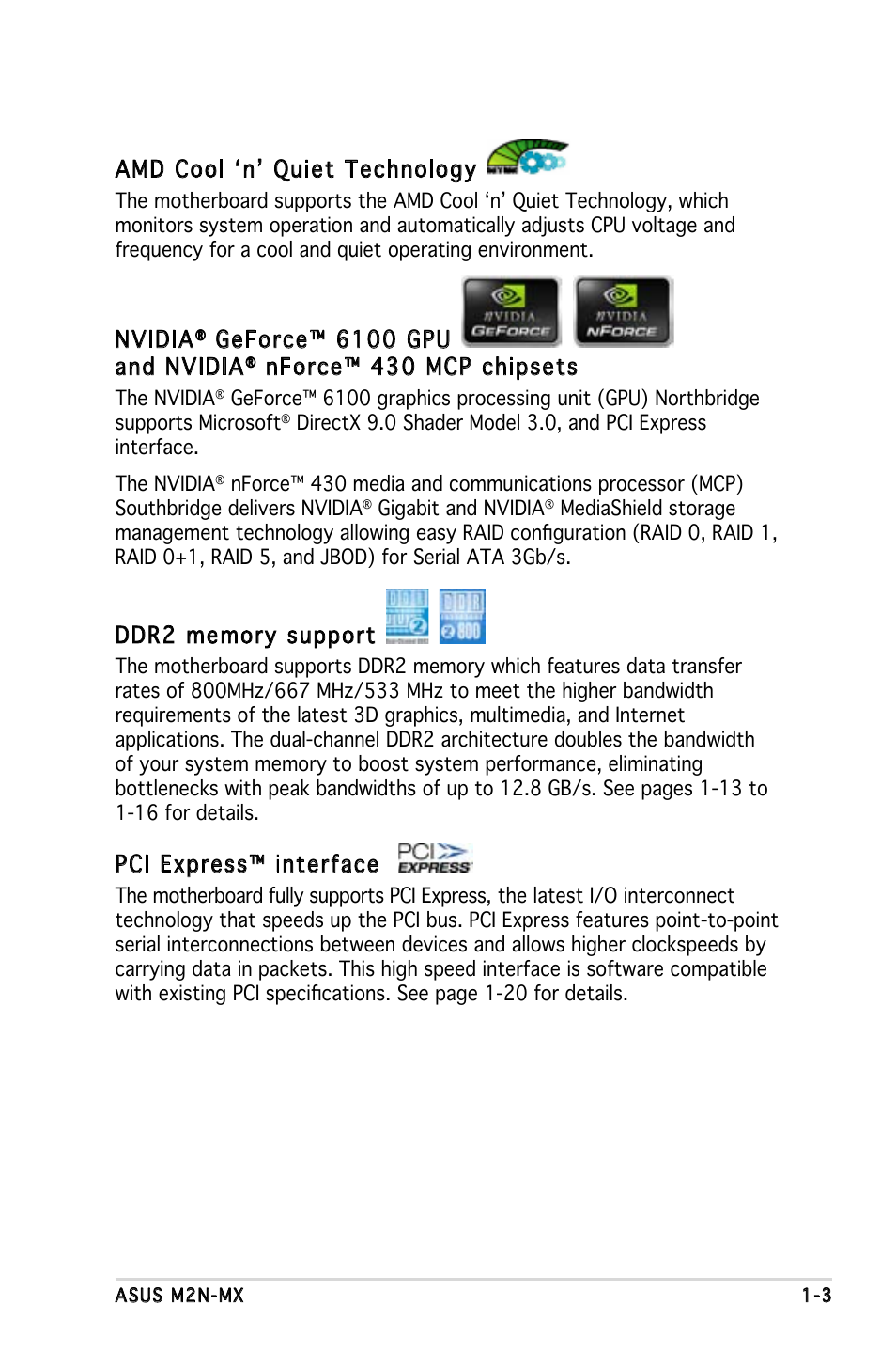Nvidia, Geforce™ 6100 gpu and nvidia, Nforce™ 430 mcp chipsets | Pci express™ interface, Amd cool ‘n’ quiet technology | Asus M2N-MX User Manual | Page 13 / 86