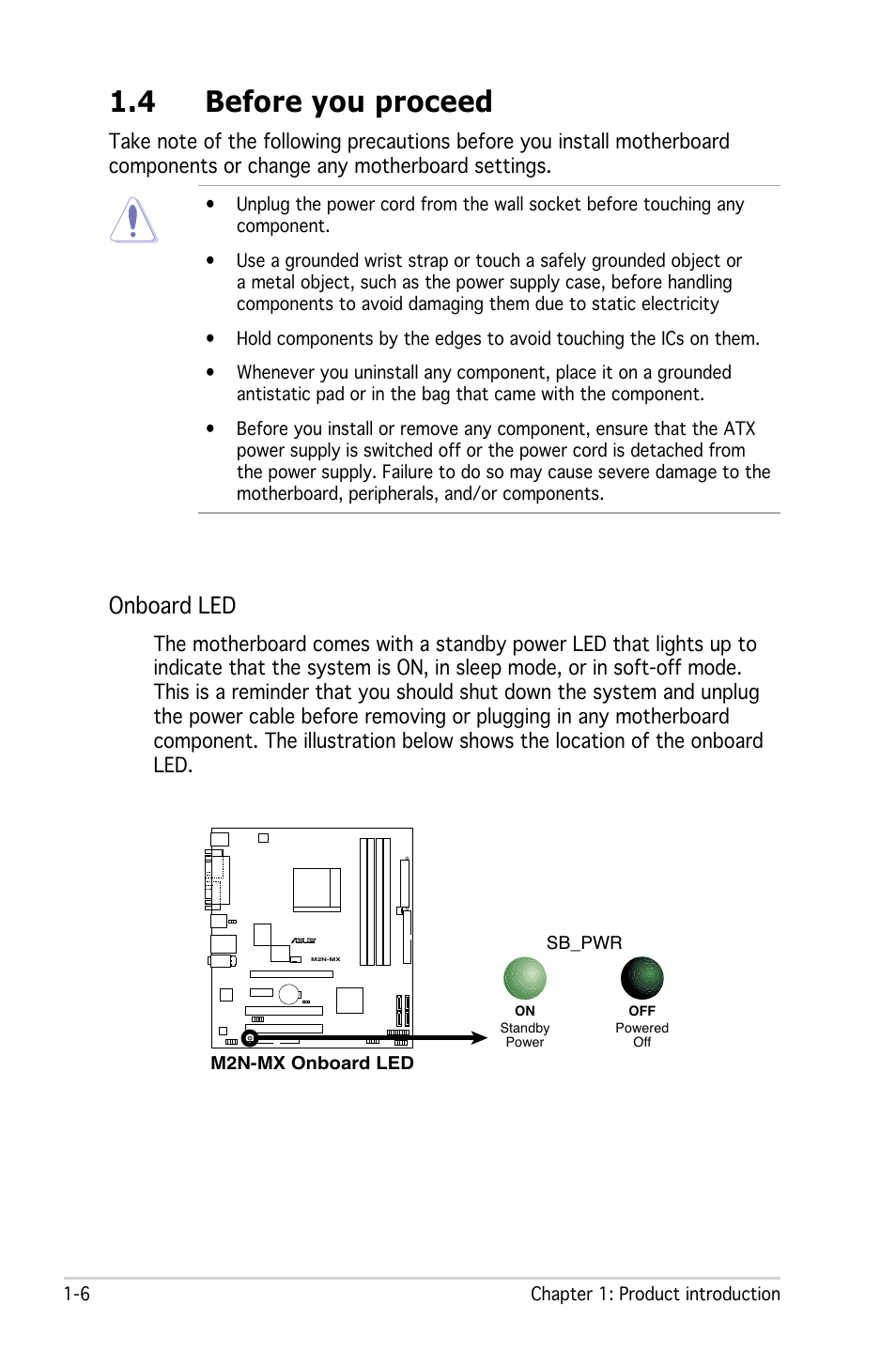 4 before you proceed, Onboard led | Asus M2N-MX User Manual | Page 16 / 86