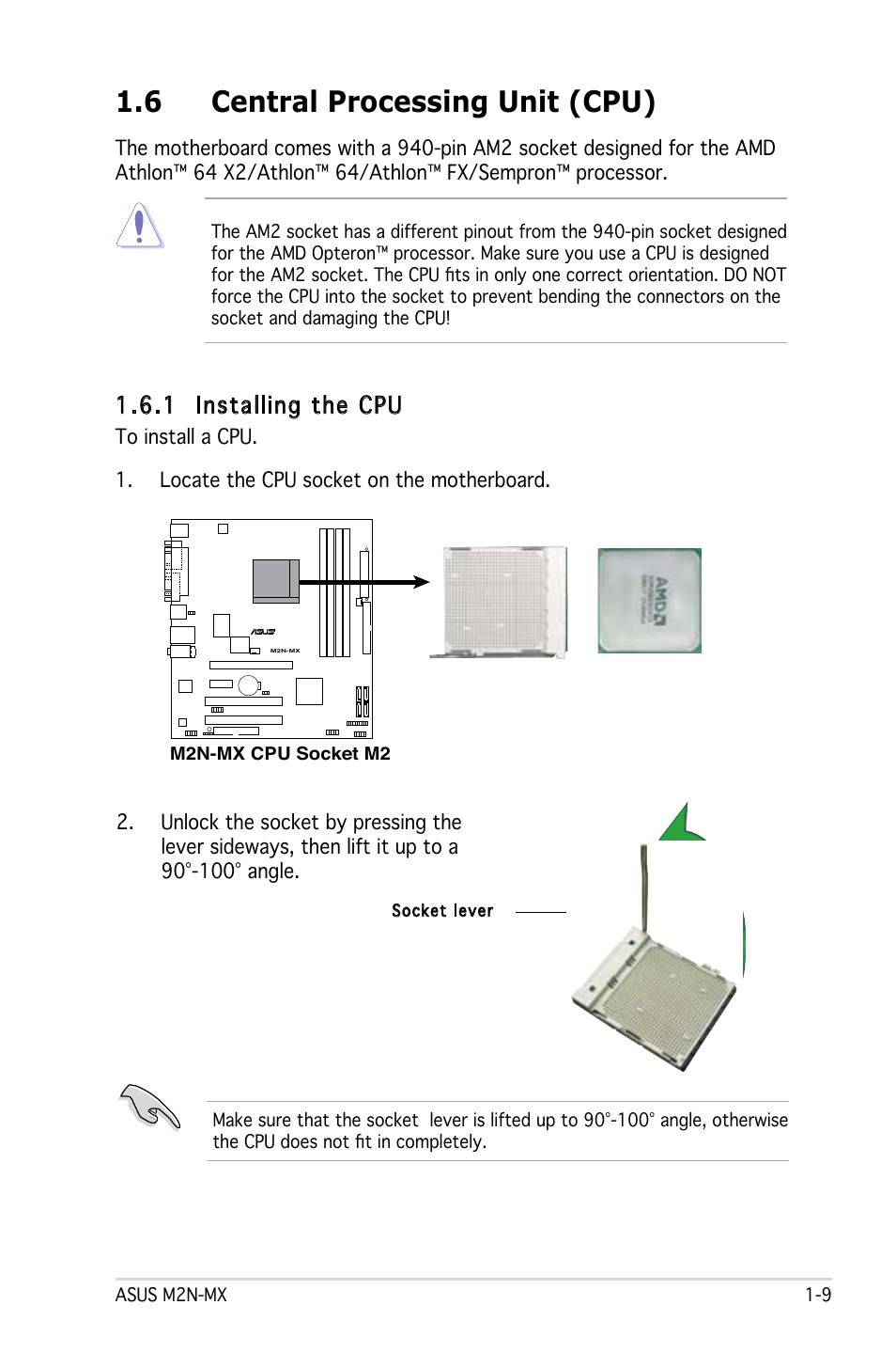 6 central processing unit (cpu), 1 installing the cpu | Asus M2N-MX User Manual | Page 19 / 86