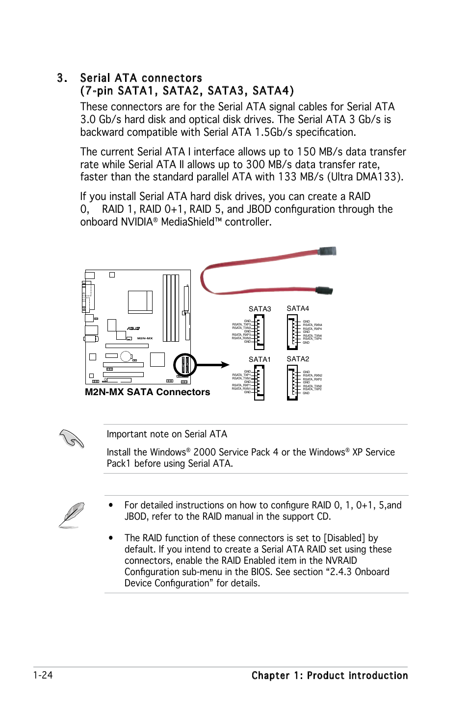 Mediashield™ controller, 24 chapter 1: product introduction, M2n-mx sata connectors | Asus M2N-MX User Manual | Page 34 / 86