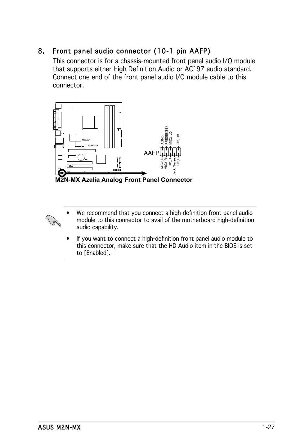 Asus m2n-mx 1-27, M2n-mx azalia analog front panel connector, Aafp | Asus M2N-MX User Manual | Page 37 / 86