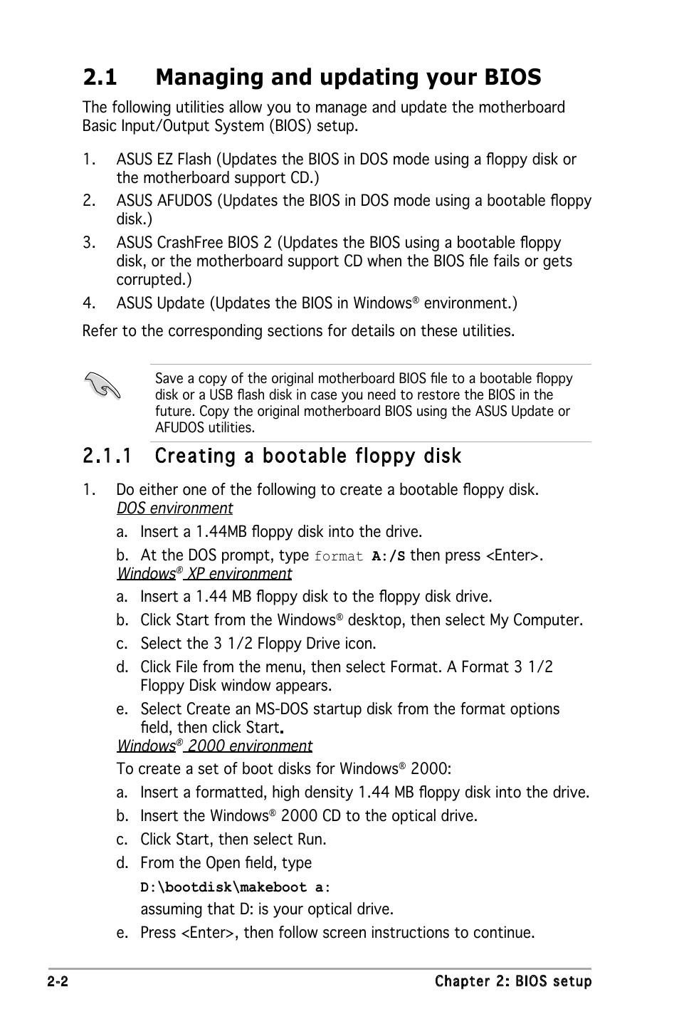 1 managing and updating your bios, 1 creating a bootable floppy disk | Asus M2N-MX User Manual | Page 42 / 86