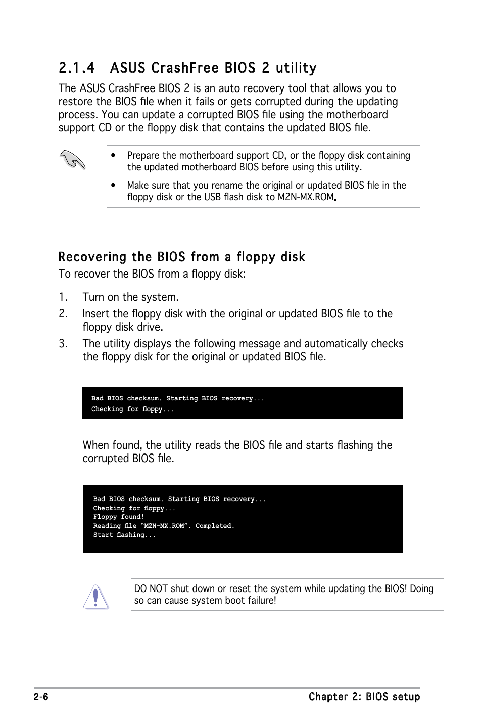 4 asus crashfree bios 2 utility, Recovering the bios from a floppy disk | Asus M2N-MX User Manual | Page 46 / 86