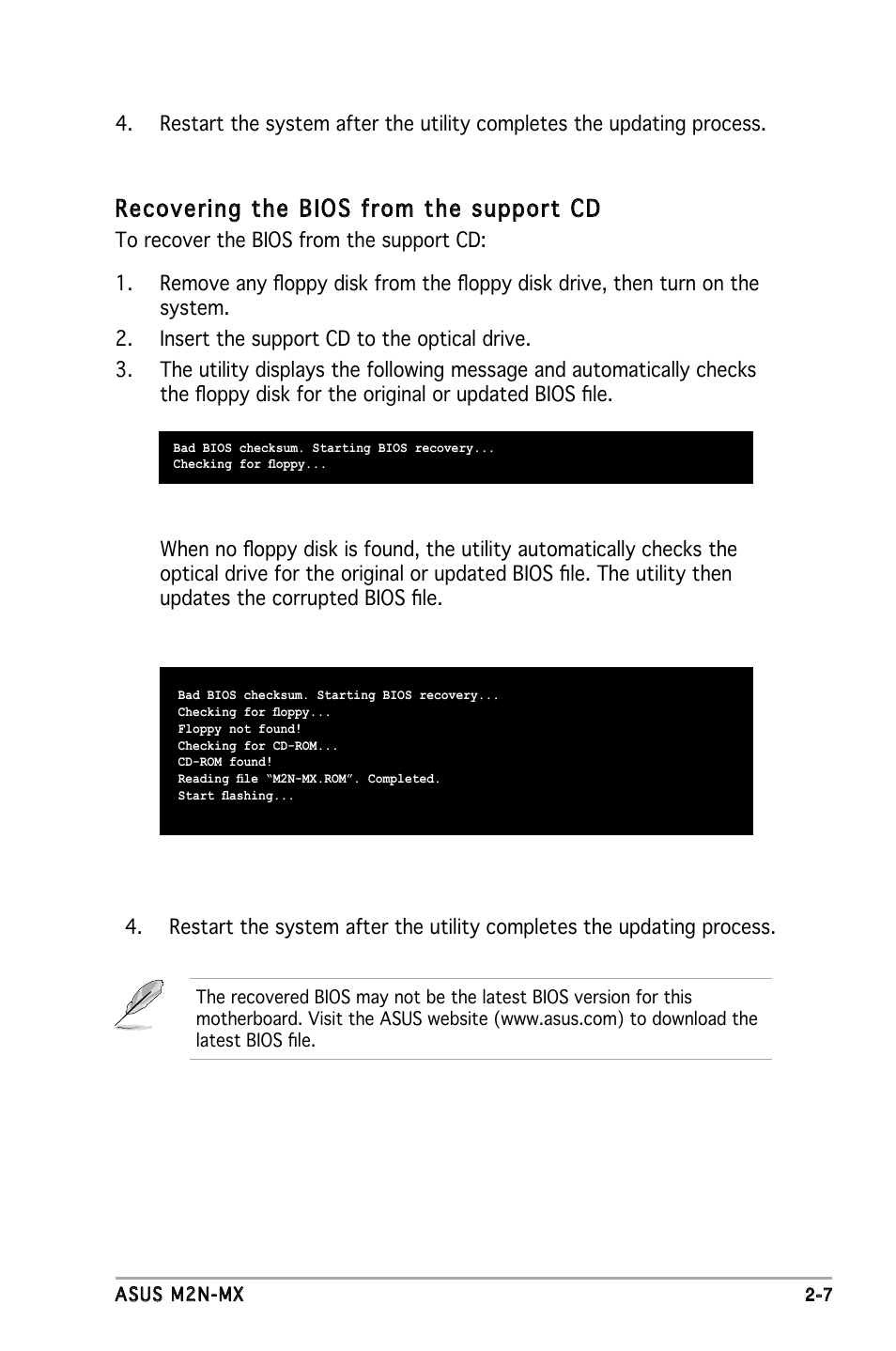 Recovering the bios from the support cd | Asus M2N-MX User Manual | Page 47 / 86