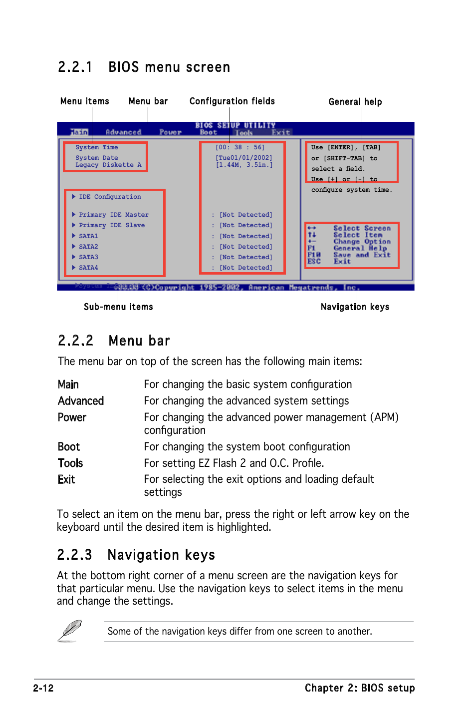 2 menu bar, 1 bios menu screen, 3 navigation keys | Asus M2N-MX User Manual | Page 52 / 86