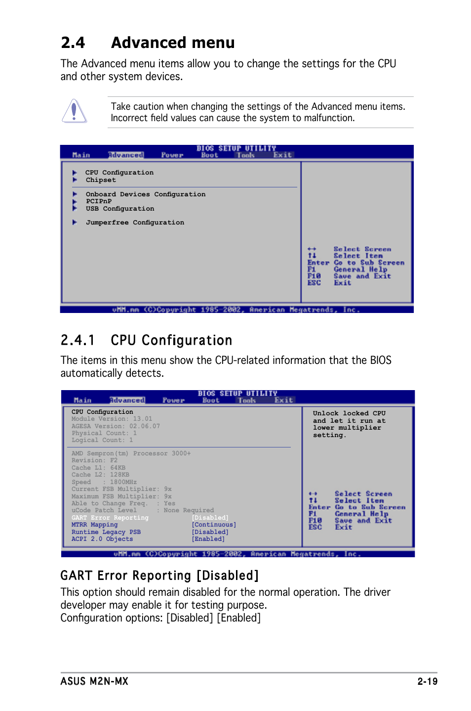 4 advanced menu, 1 cpu configuration, Gart error reporting [disabled | Asus M2N-MX User Manual | Page 59 / 86