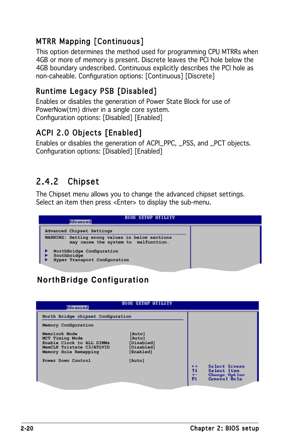 Northbridge configuration 2.4.2 chipset, Mtrr mapping [continuous, Runtime legacy psb [disabled | Acpi 2.0 objects [enabled | Asus M2N-MX User Manual | Page 60 / 86