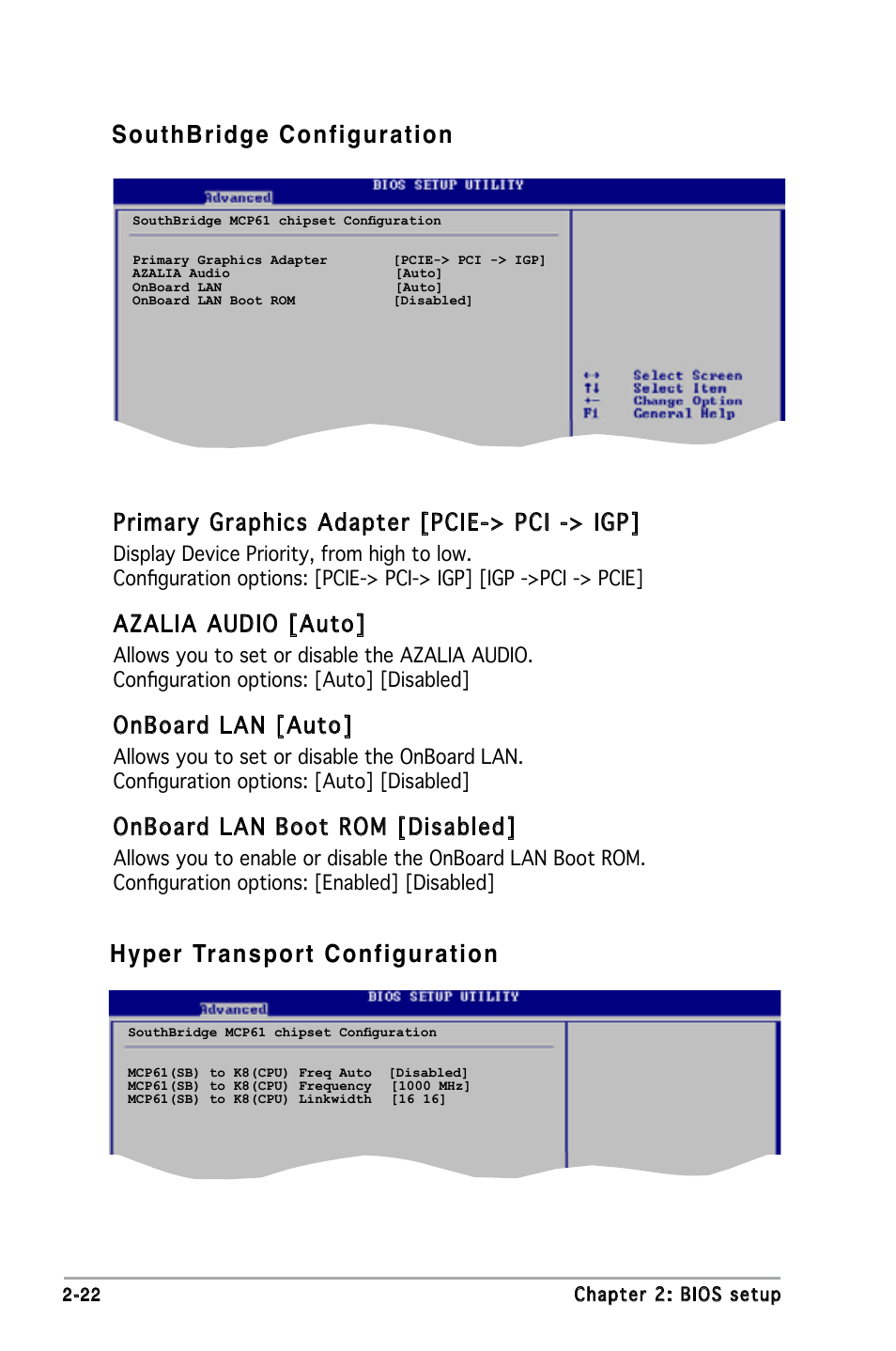 Southbridge configuration, Hyper transport configuration, Primary graphics adapter [pcie-> pci -> igp | Azalia audio [auto, Onboard lan [auto, Onboard lan boot rom [disabled | Asus M2N-MX User Manual | Page 62 / 86