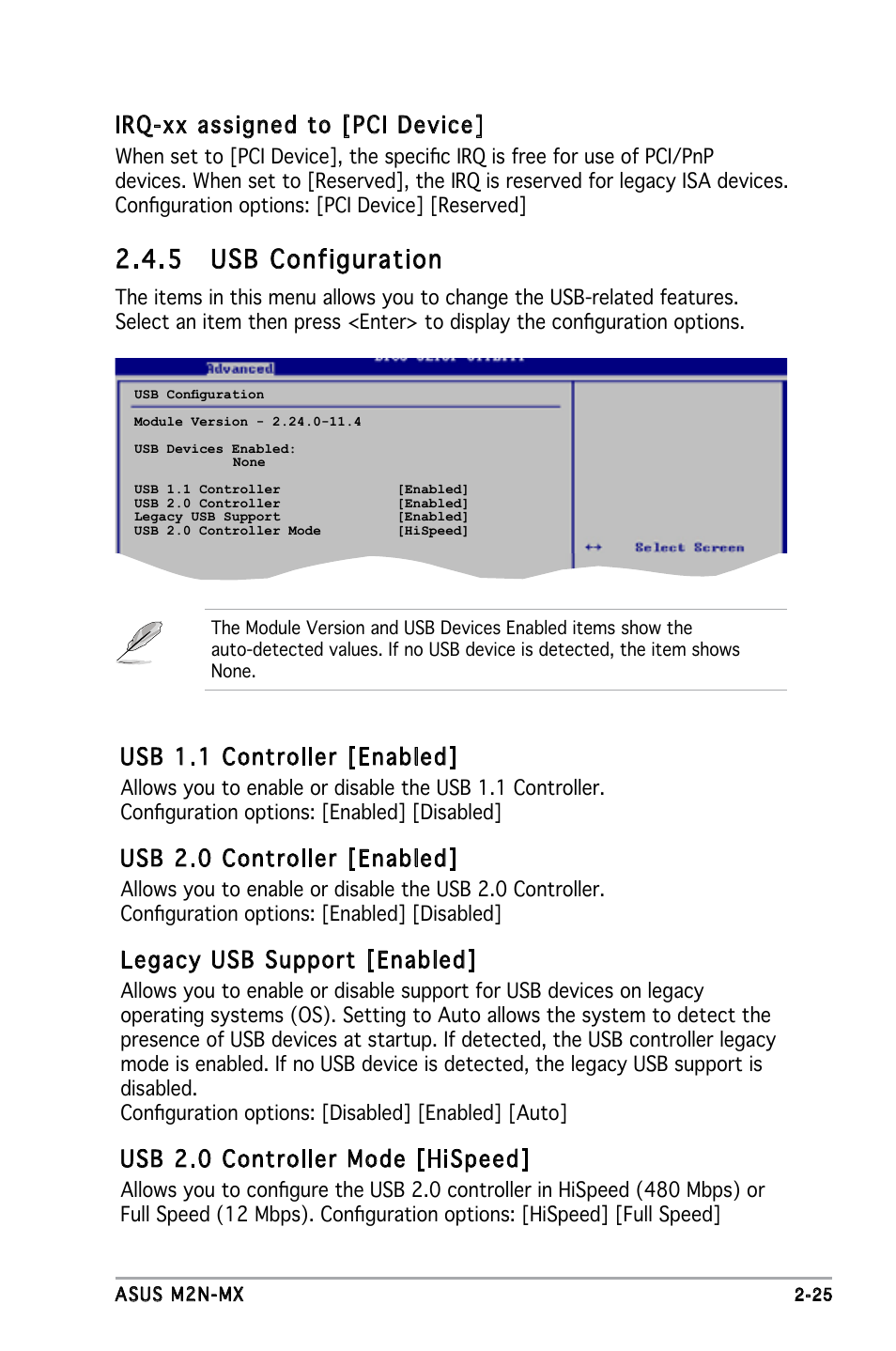 5 usb configuration, Usb 1.1 controller [enabled, Usb 2.0 controller [enabled | Legacy usb support [enabled, Usb 2.0 controller mode [hispeed, Irq-xx assigned to [pci device | Asus M2N-MX User Manual | Page 65 / 86