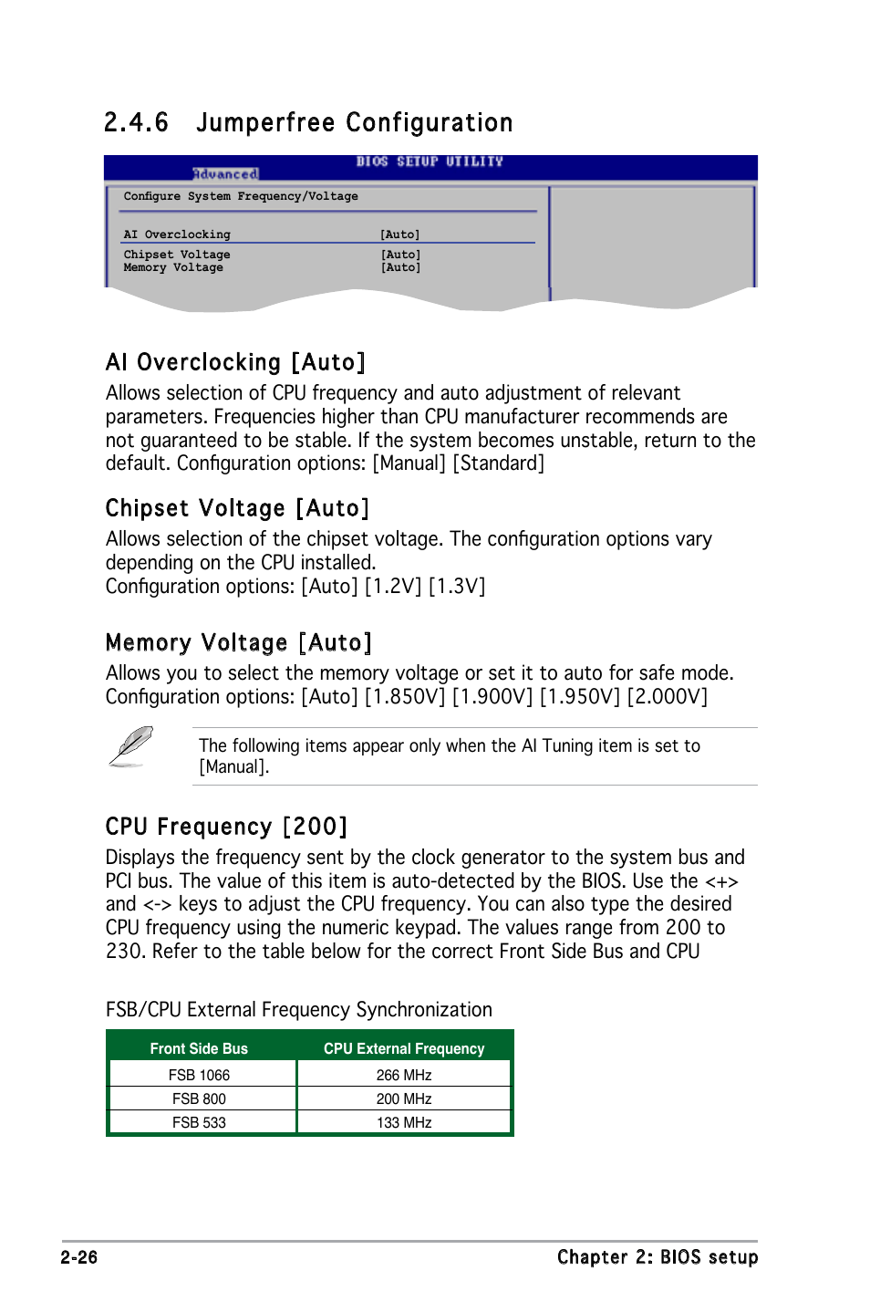 6 jumperfree configuration, Ai overclocking [auto, Chipset voltage [auto | Cpu frequency [200 | Asus M2N-MX User Manual | Page 66 / 86