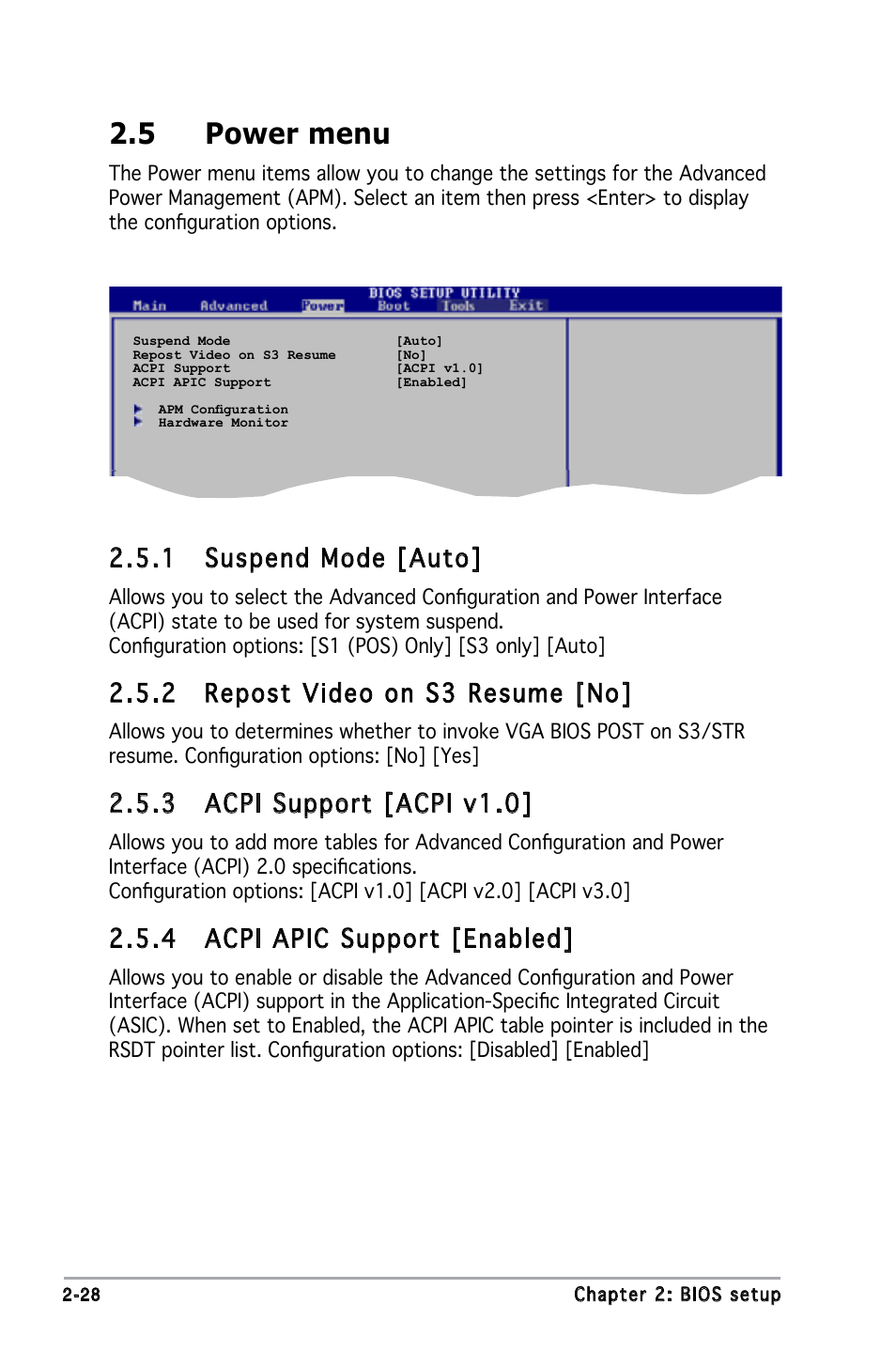 5 power menu, 1 suspend mode [auto, 2 repost video on s3 resume [no | 3 acpi support [acpi v1.0, 4 acpi apic support [enabled | Asus M2N-MX User Manual | Page 68 / 86