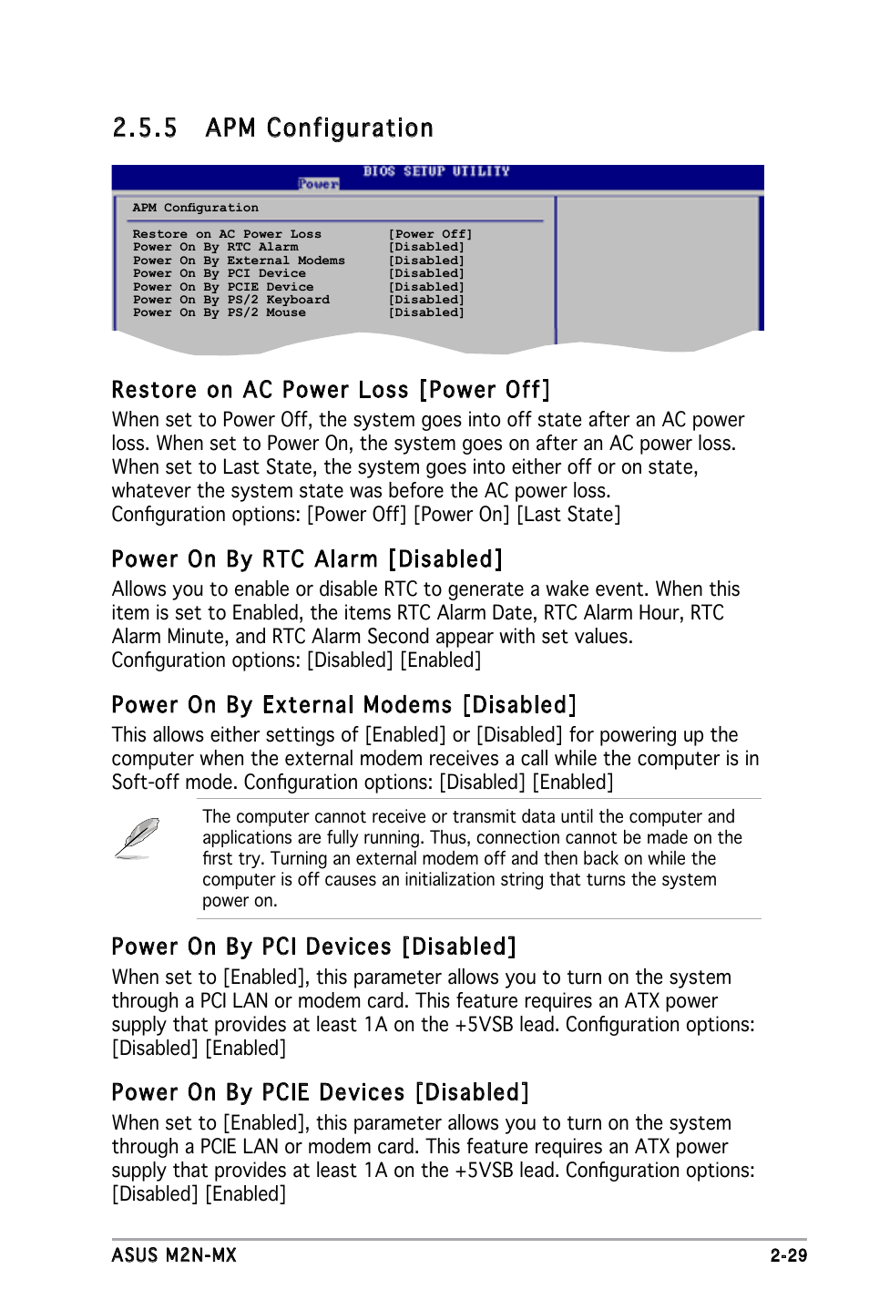 5 apm configuration, Restore on ac power loss [power off, Power on by rtc alarm [disabled | Power on by external modems [disabled, Power on by pci devices [disabled, Power on by pcie devices [disabled | Asus M2N-MX User Manual | Page 69 / 86