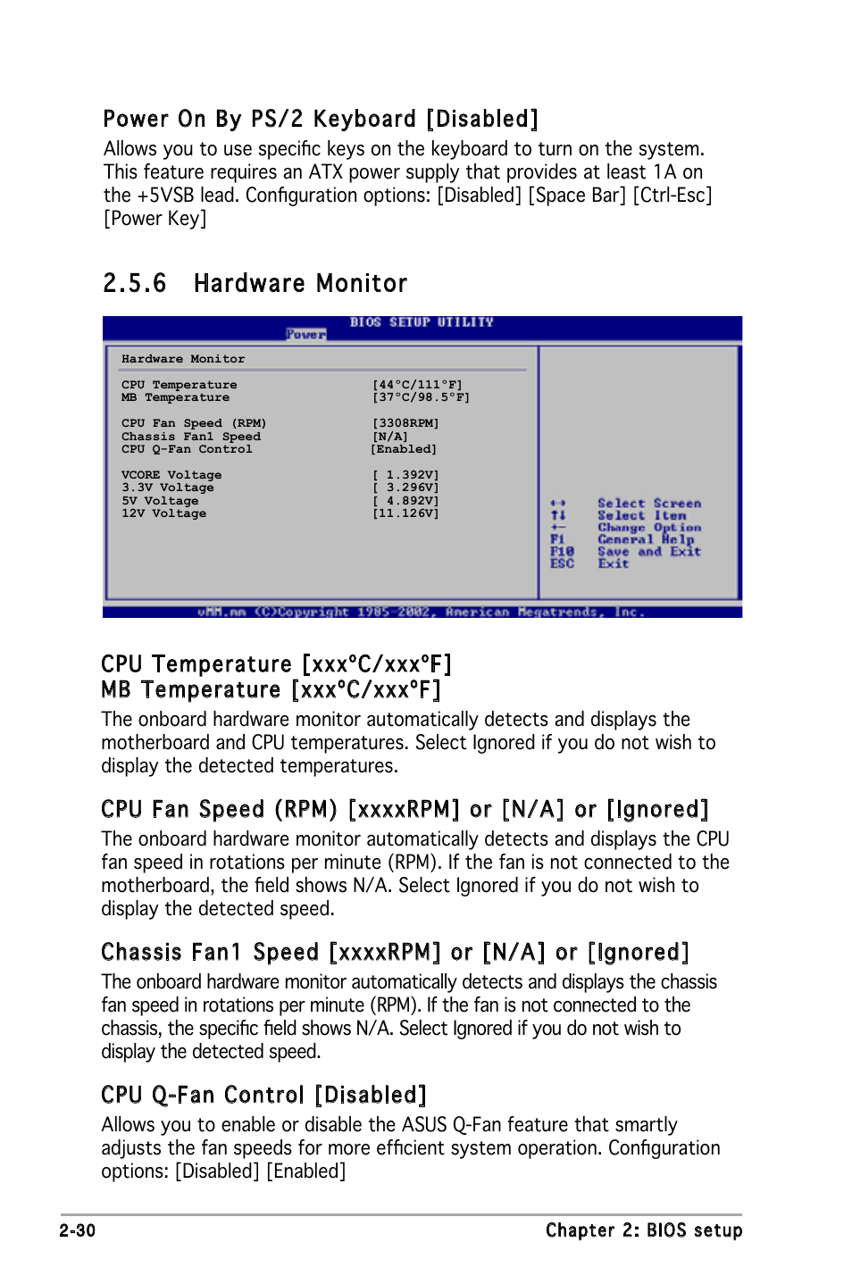 6 hardware monitor, Power on by ps/2 keyboard [disabled, Cpu q-fan control [disabled | Asus M2N-MX User Manual | Page 70 / 86