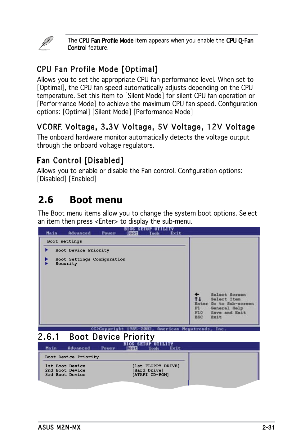 6 boot menu, 1 boot device priority, Cpu fan profile mode [optimal | Fan control [disabled | Asus M2N-MX User Manual | Page 71 / 86