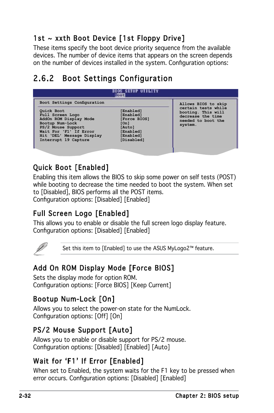 2 boot settings configuration, Quick boot [enabled, Full screen logo [enabled | Add on rom display mode [force bios, Bootup num-lock [on, Ps/2 mouse support [auto, Wait for ‘f1’ if error [enabled, 1st ~ xxth boot device [1st floppy drive | Asus M2N-MX User Manual | Page 72 / 86