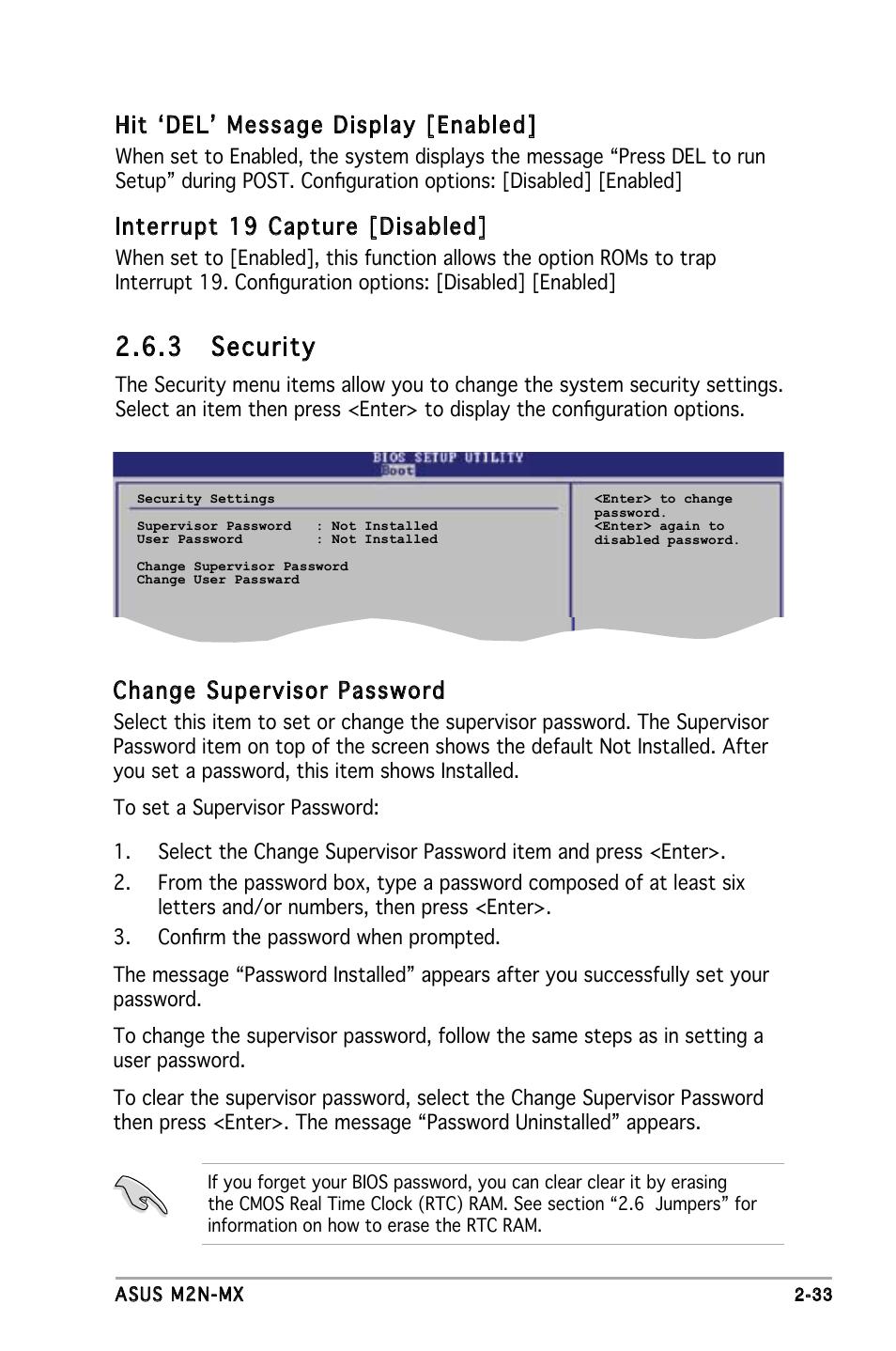 3 security, Hit ‘del’ message display [enabled, Interrupt 19 capture [disabled | Change supervisor password | Asus M2N-MX User Manual | Page 73 / 86