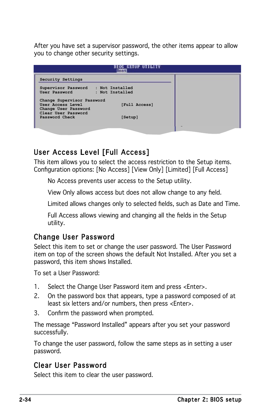 User access level [full access, Change user password, Clear user password | Asus M2N-MX User Manual | Page 74 / 86