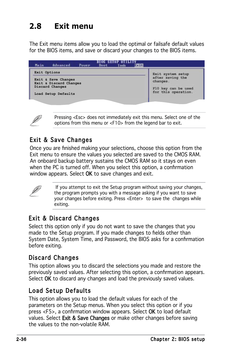 8 exit menu, Exit & discard changes, Discard changes | Load setup defaults, Exit & save changes | Asus M2N-MX User Manual | Page 76 / 86