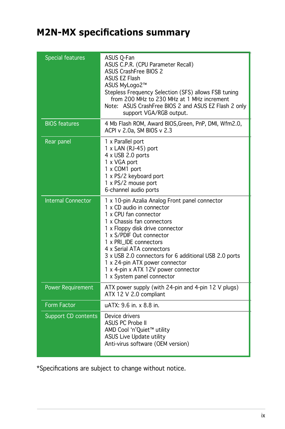 M2n-mx specifications summary | Asus M2N-MX User Manual | Page 9 / 86