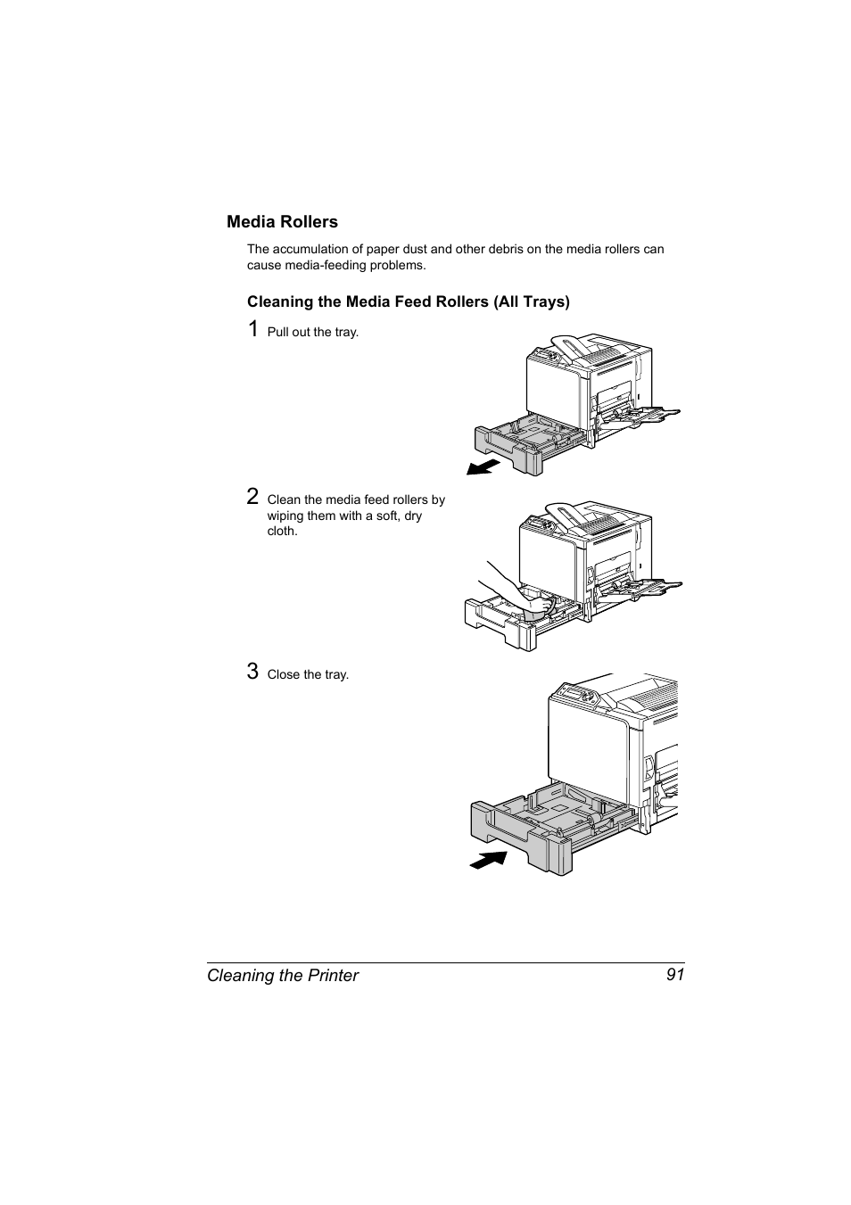 Media rollers, Cleaning the media feed rollers (all trays), Media rollers 91 | Cleaning the media feed rollers (all trays) 91 | Konica Minolta Magicolor 5440 DL User Manual | Page 101 / 164