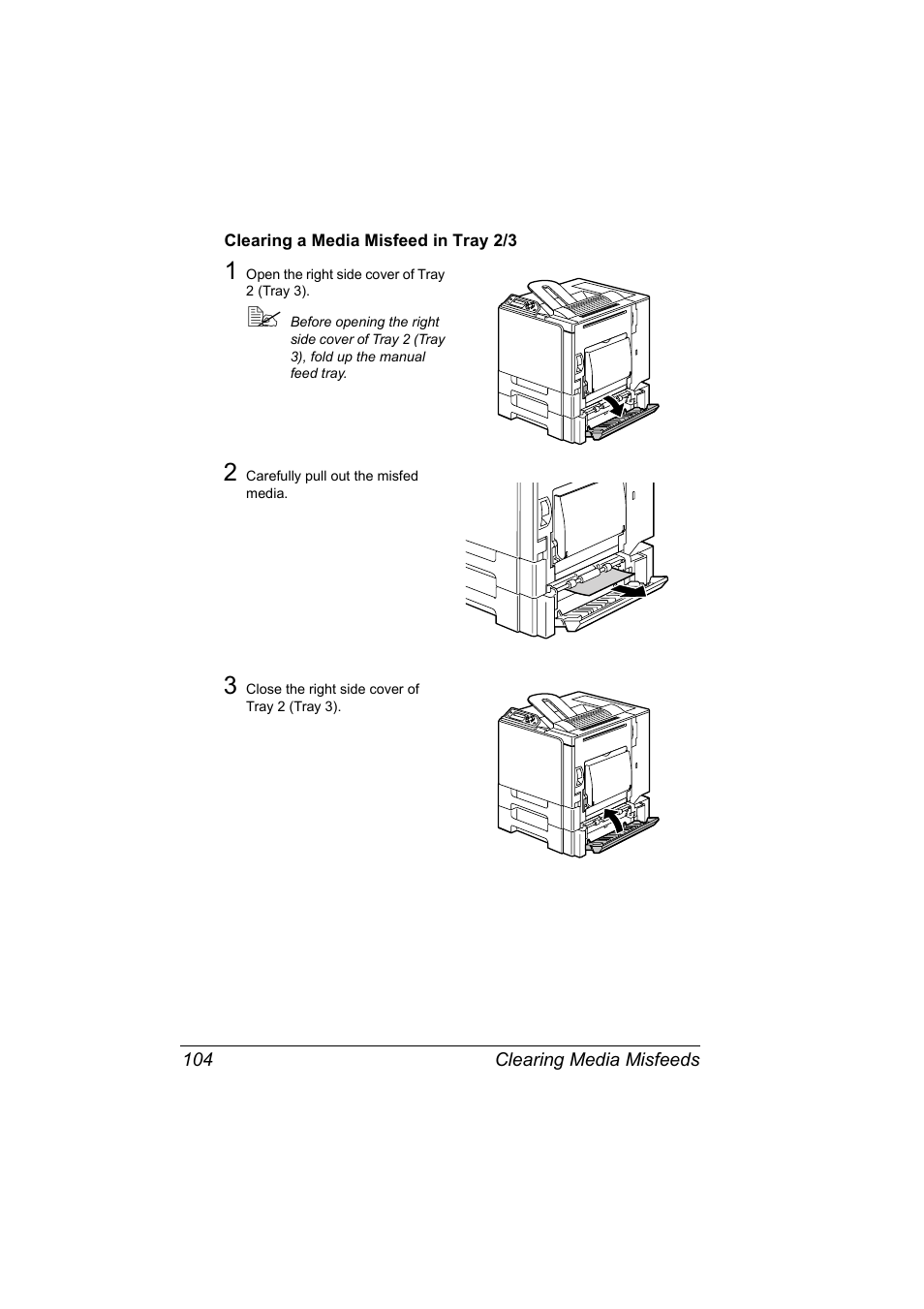 Clearing a media misfeed in tray 2/3, Clearing a media misfeed in tray 2/3 104 | Konica Minolta Magicolor 5440 DL User Manual | Page 114 / 164