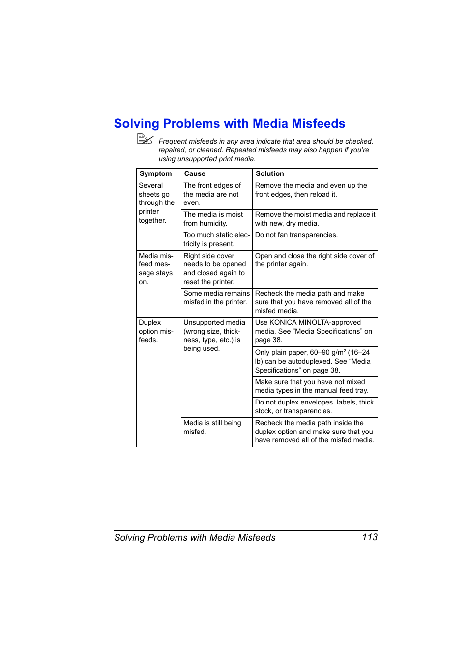 Solving problems with media misfeeds, Solving problems with media misfeeds 113 | Konica Minolta Magicolor 5440 DL User Manual | Page 123 / 164