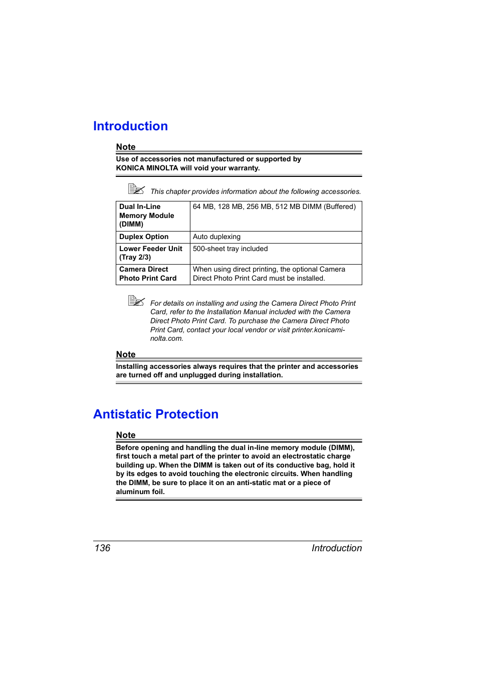 Introduction, Antistatic protection, Introduction 136 antistatic protection 136 | Konica Minolta Magicolor 5440 DL User Manual | Page 146 / 164