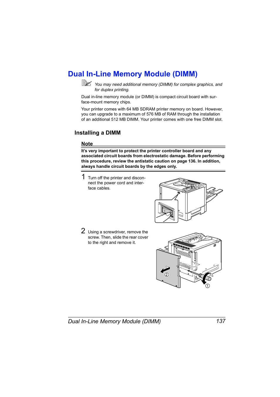 Dual in-line memory module (dimm), Installing a dimm, Dual in-line memory module (dimm) 137 | Installing a dimm 137 | Konica Minolta Magicolor 5440 DL User Manual | Page 147 / 164