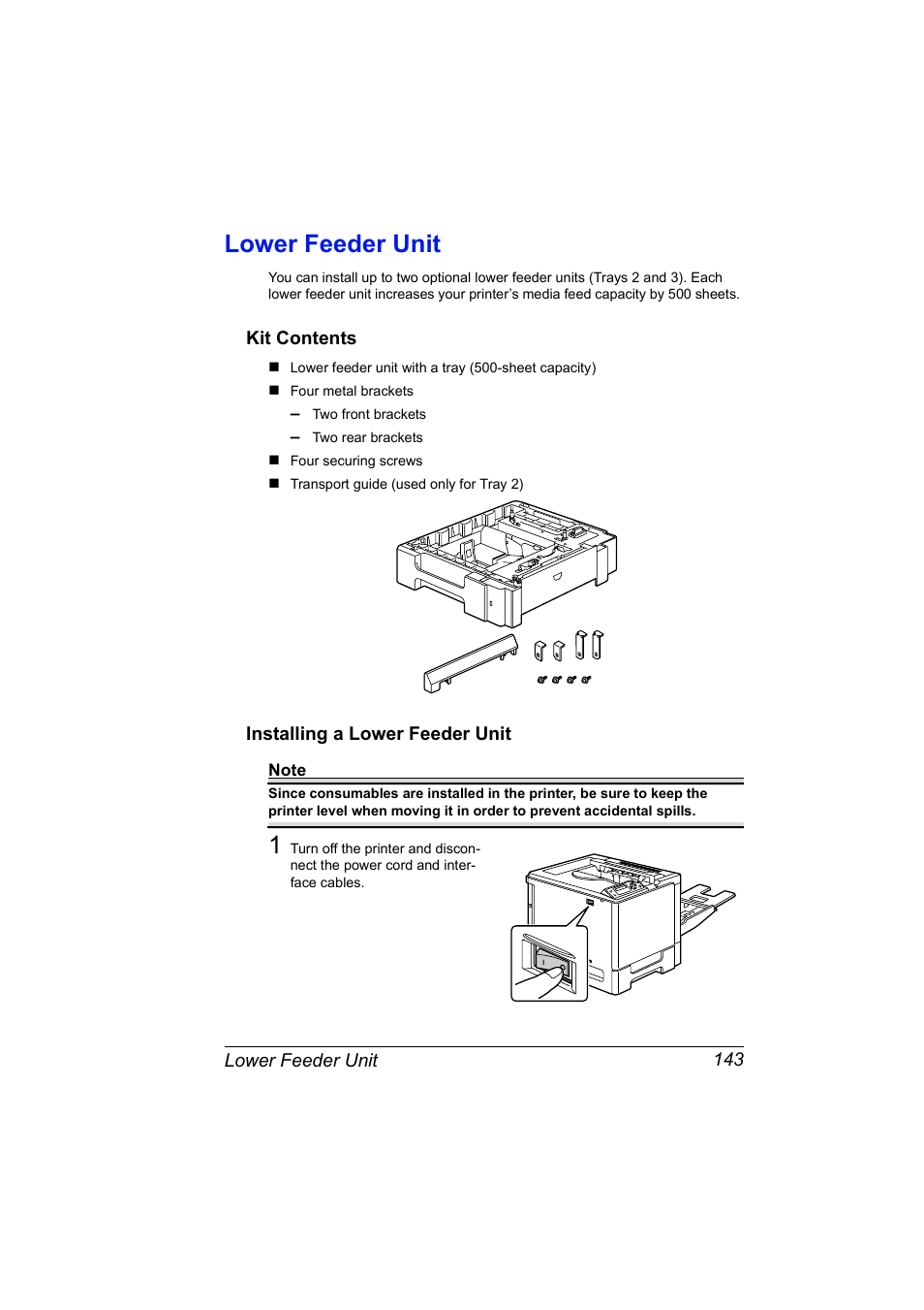 Lower feeder unit, Kit contents, Installing a lower feeder unit | Lower feeder unit 143, Kit contents 143 | Konica Minolta Magicolor 5440 DL User Manual | Page 153 / 164