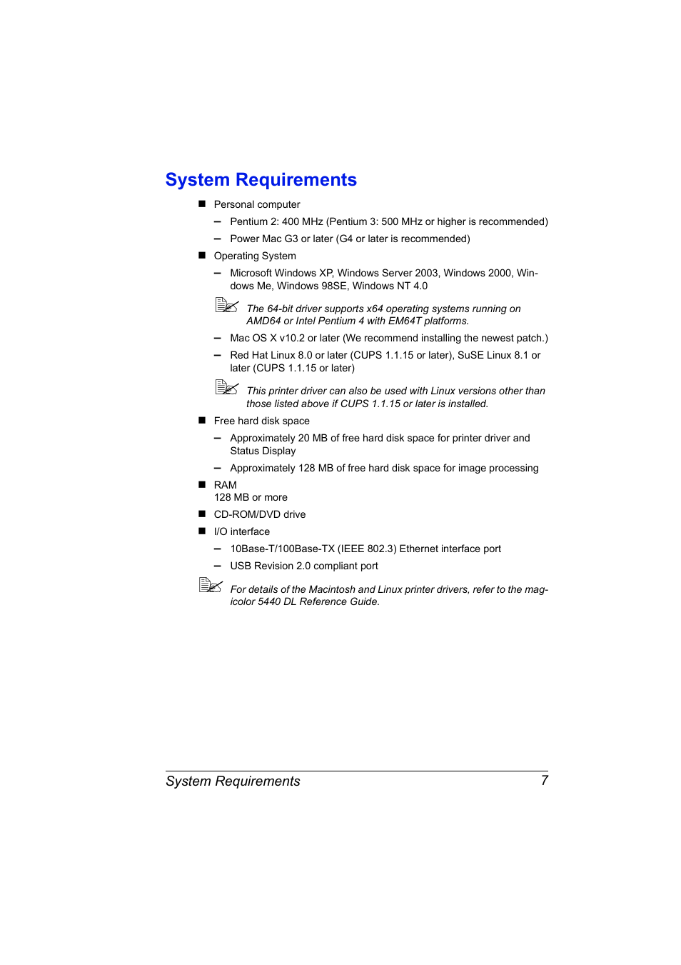 System requirements, System requirements 7 | Konica Minolta Magicolor 5440 DL User Manual | Page 17 / 164