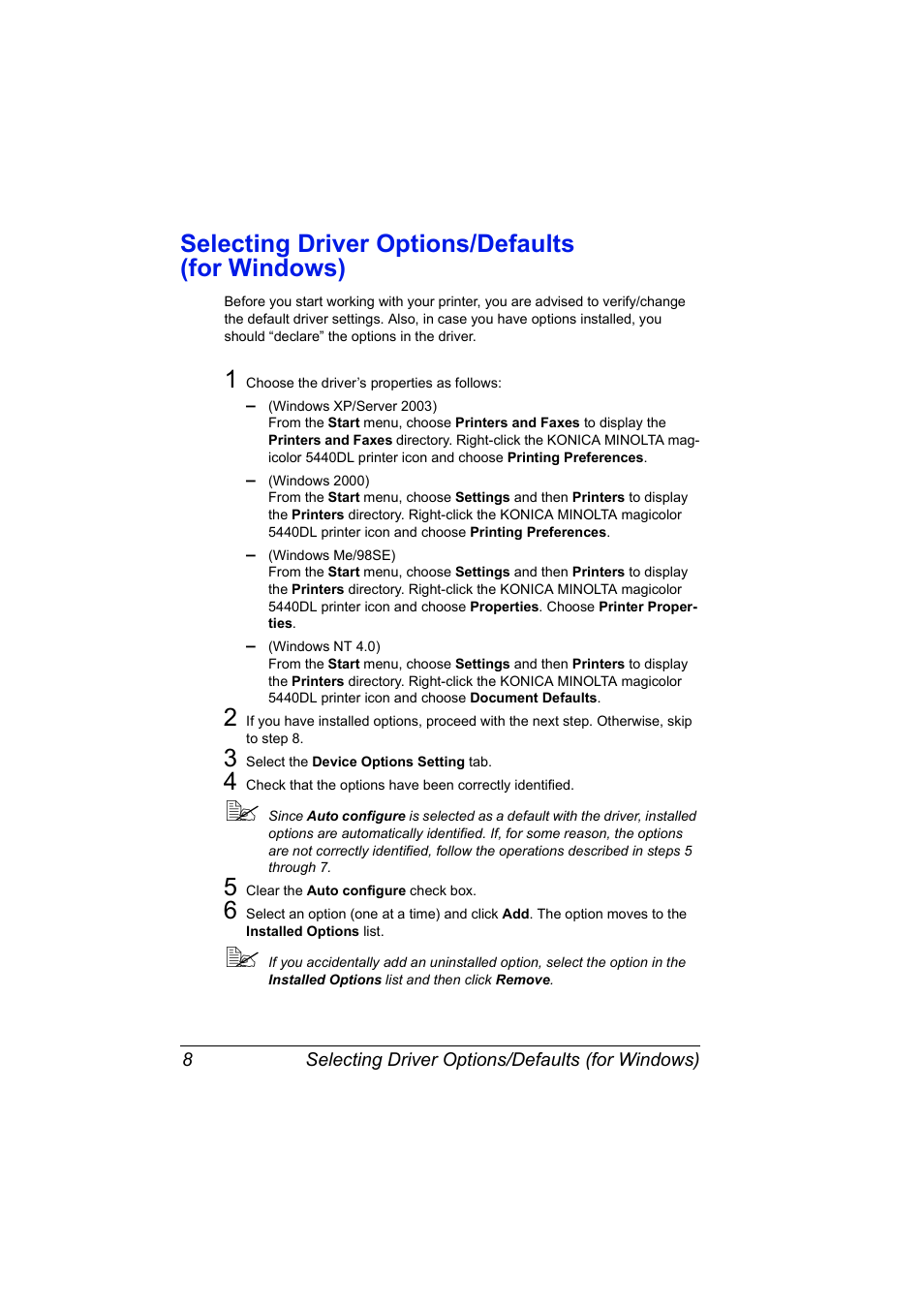 Selecting driver options/defaults (for windows), Selecting driver options/defaults (for windows) 8 | Konica Minolta Magicolor 5440 DL User Manual | Page 18 / 164