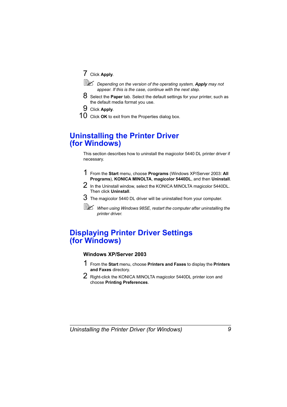 Uninstalling the printer driver (for windows), Displaying printer driver settings (for windows), Windows xp/server 2003 | Windows xp/server 2003 9 | Konica Minolta Magicolor 5440 DL User Manual | Page 19 / 164