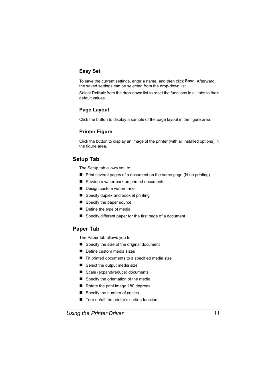 Easy set, Printer figure, Setup tab | Paper tab, Setup tab 11 paper tab 11, Using the printer driver 11 | Konica Minolta Magicolor 5440 DL User Manual | Page 21 / 164