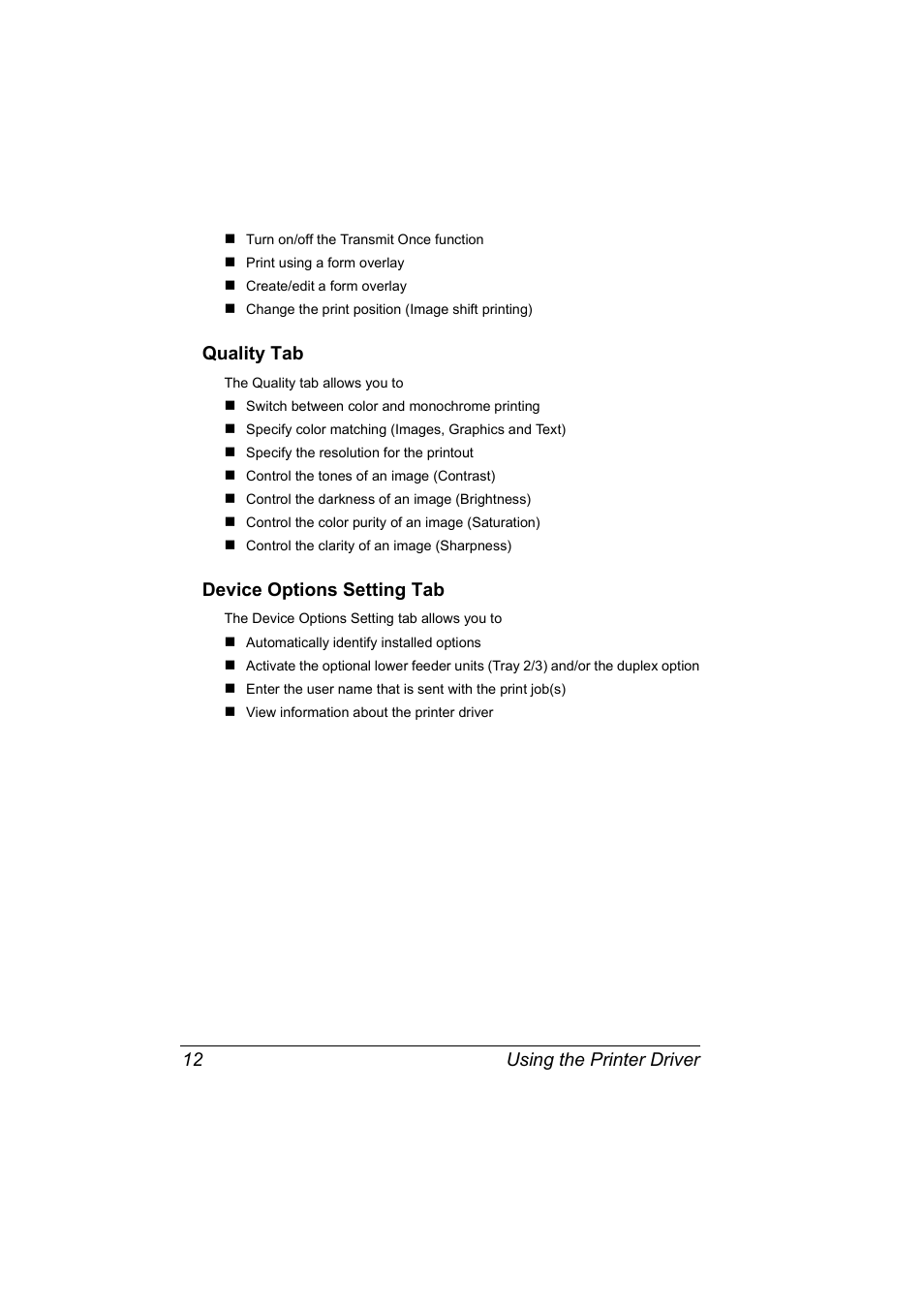 Quality tab, Device options setting tab, Quality tab 12 device options setting tab 12 | Using the printer driver 12 | Konica Minolta Magicolor 5440 DL User Manual | Page 22 / 164