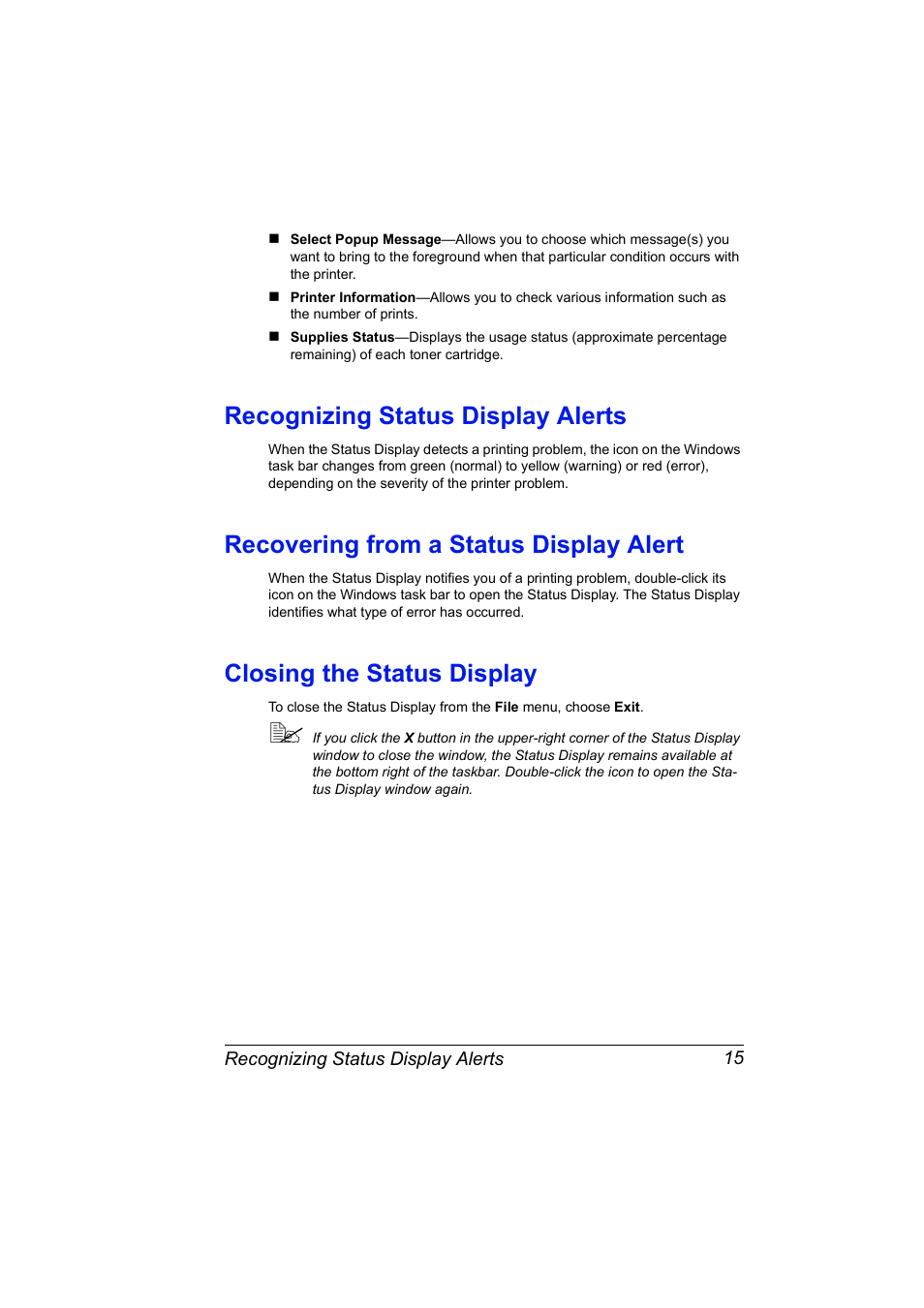 Recognizing status display alerts, Recovering from a status display alert, Closing the status display | Konica Minolta Magicolor 5440 DL User Manual | Page 25 / 164