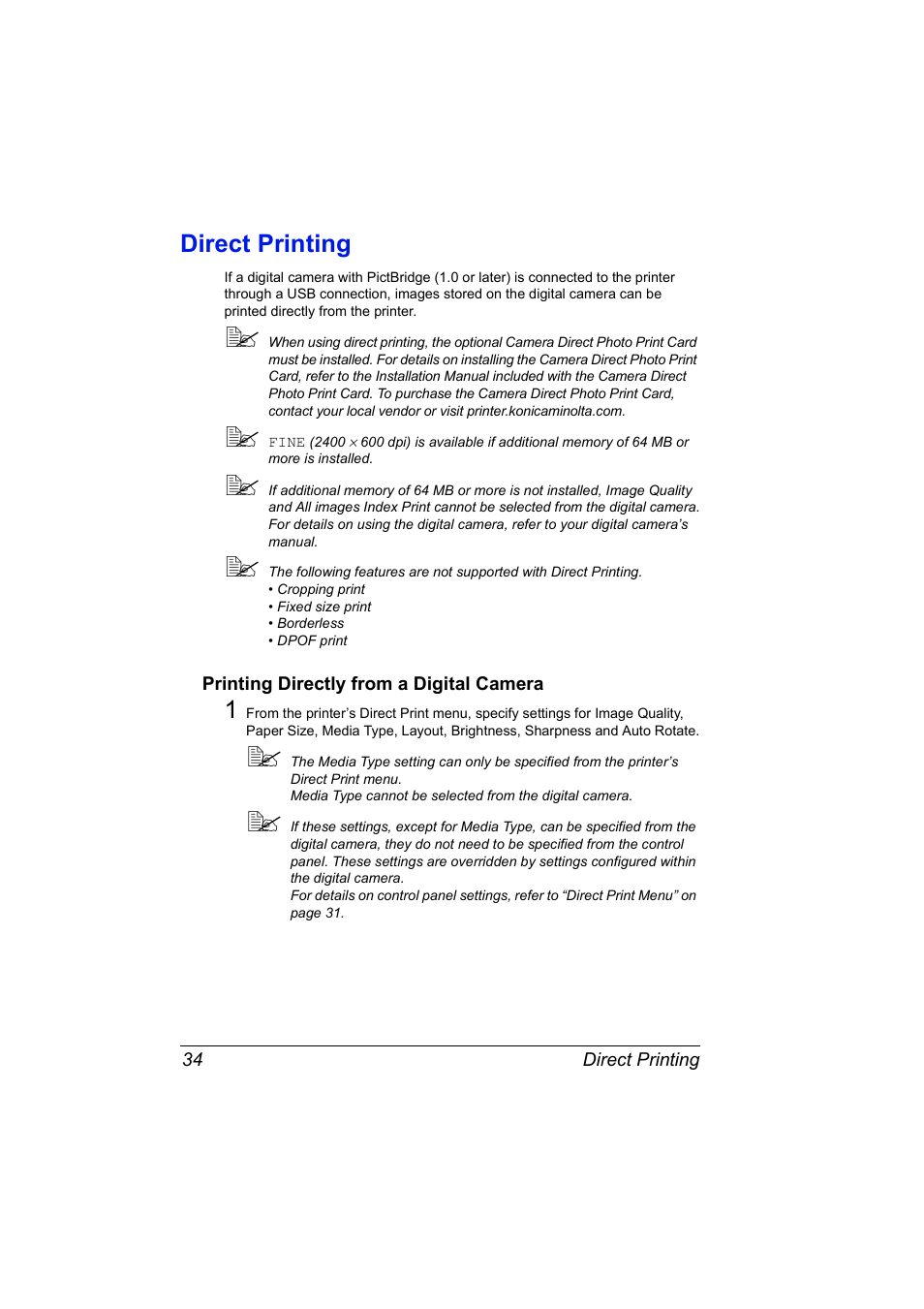 Direct printing, Printing directly from a digital camera, Direct printing 34 | Printing directly from a digital camera 34 | Konica Minolta Magicolor 5440 DL User Manual | Page 44 / 164