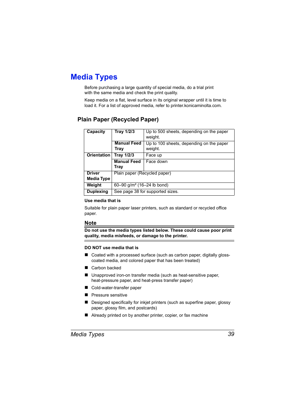 Media types, Plain paper (recycled paper), Media types 39 | Plain paper (recycled paper) 39 | Konica Minolta Magicolor 5440 DL User Manual | Page 49 / 164