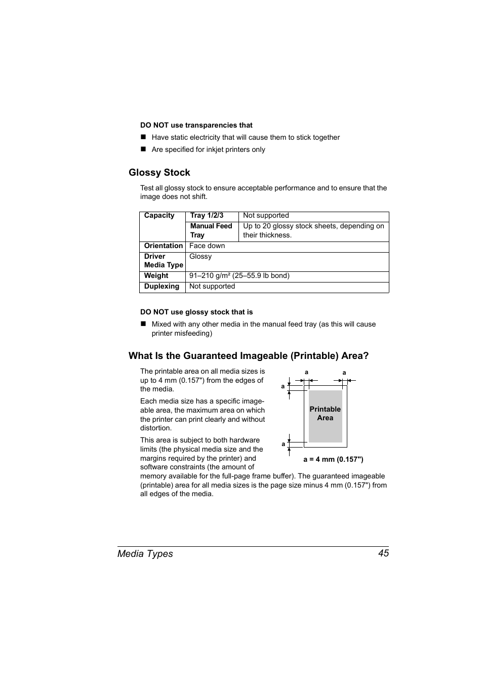 Glossy stock, What is the guaranteed imageable (printable) area, Media types 45 | Konica Minolta Magicolor 5440 DL User Manual | Page 55 / 164